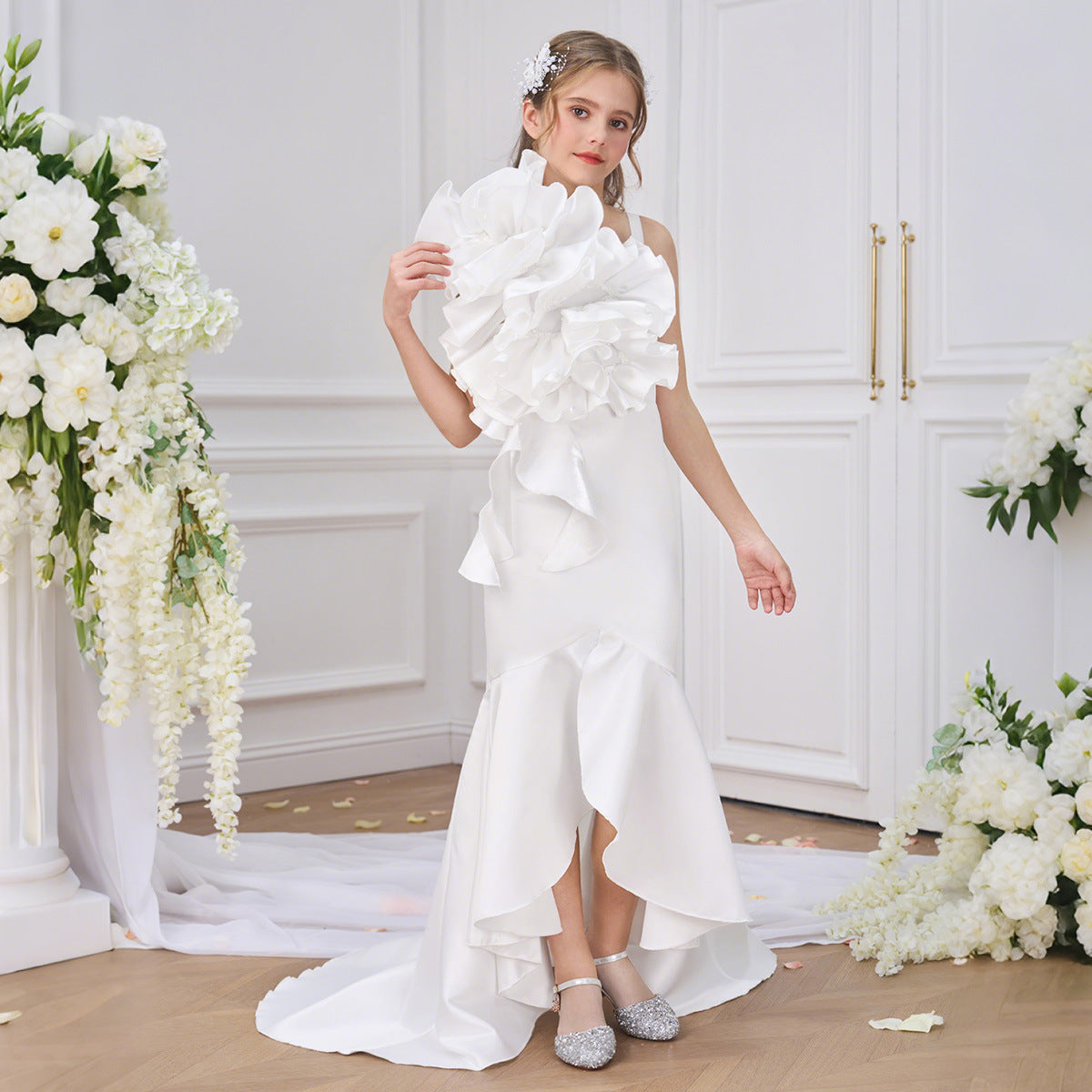 Elegant White Mermaid High-Low Satin Dress for Girls | Classic Formal Wear