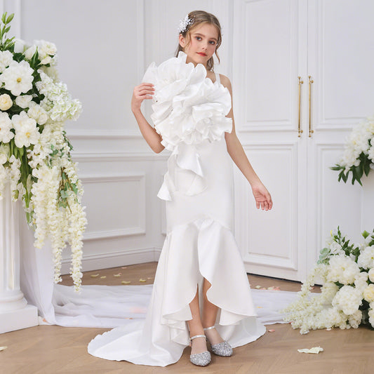 Elegant White Mermaid High-Low Satin Dress for Girls | Classic Formal Wear