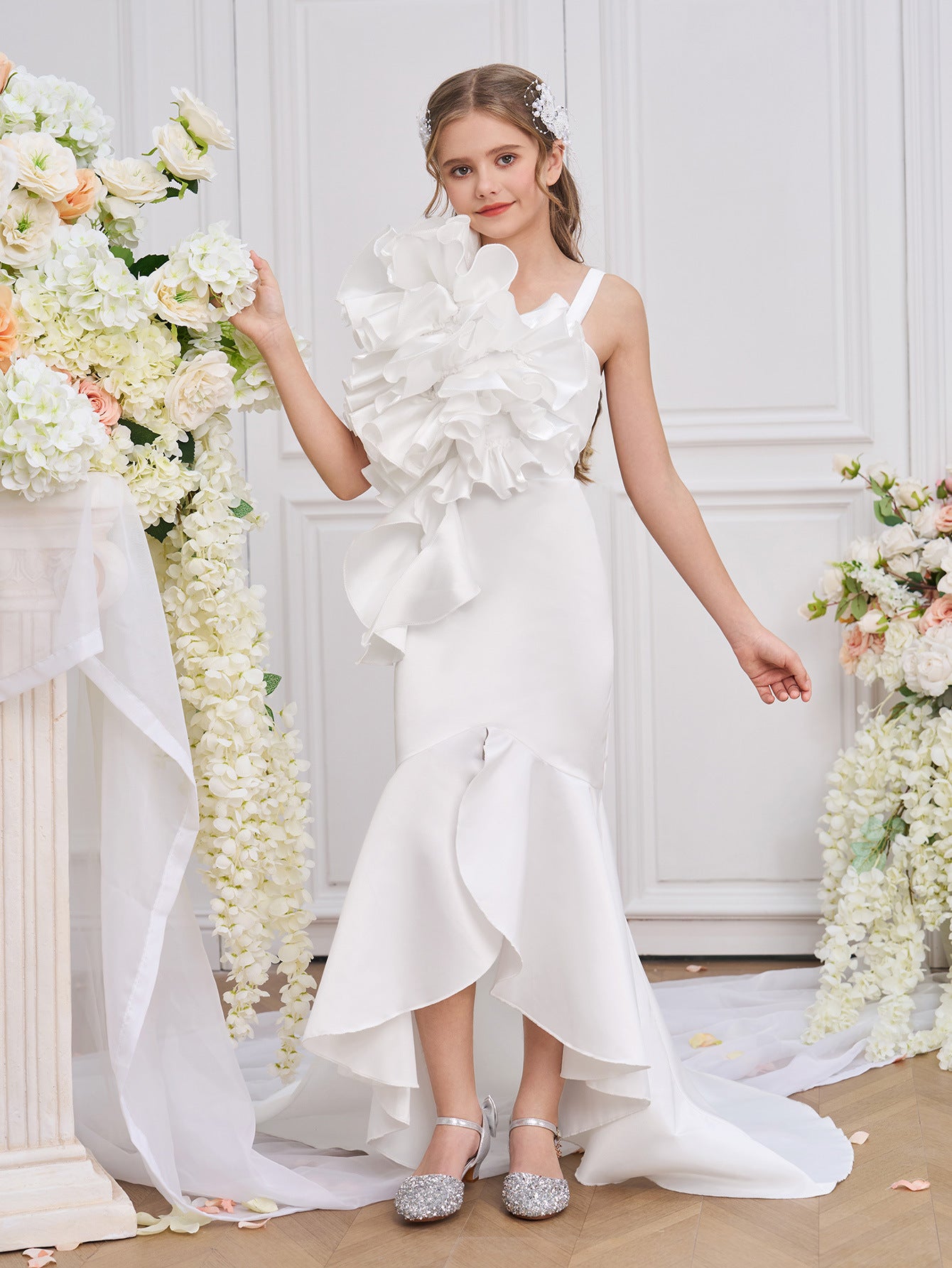 Elegant White Mermaid High-Low Satin Dress for Girls | Classic Formal Wear