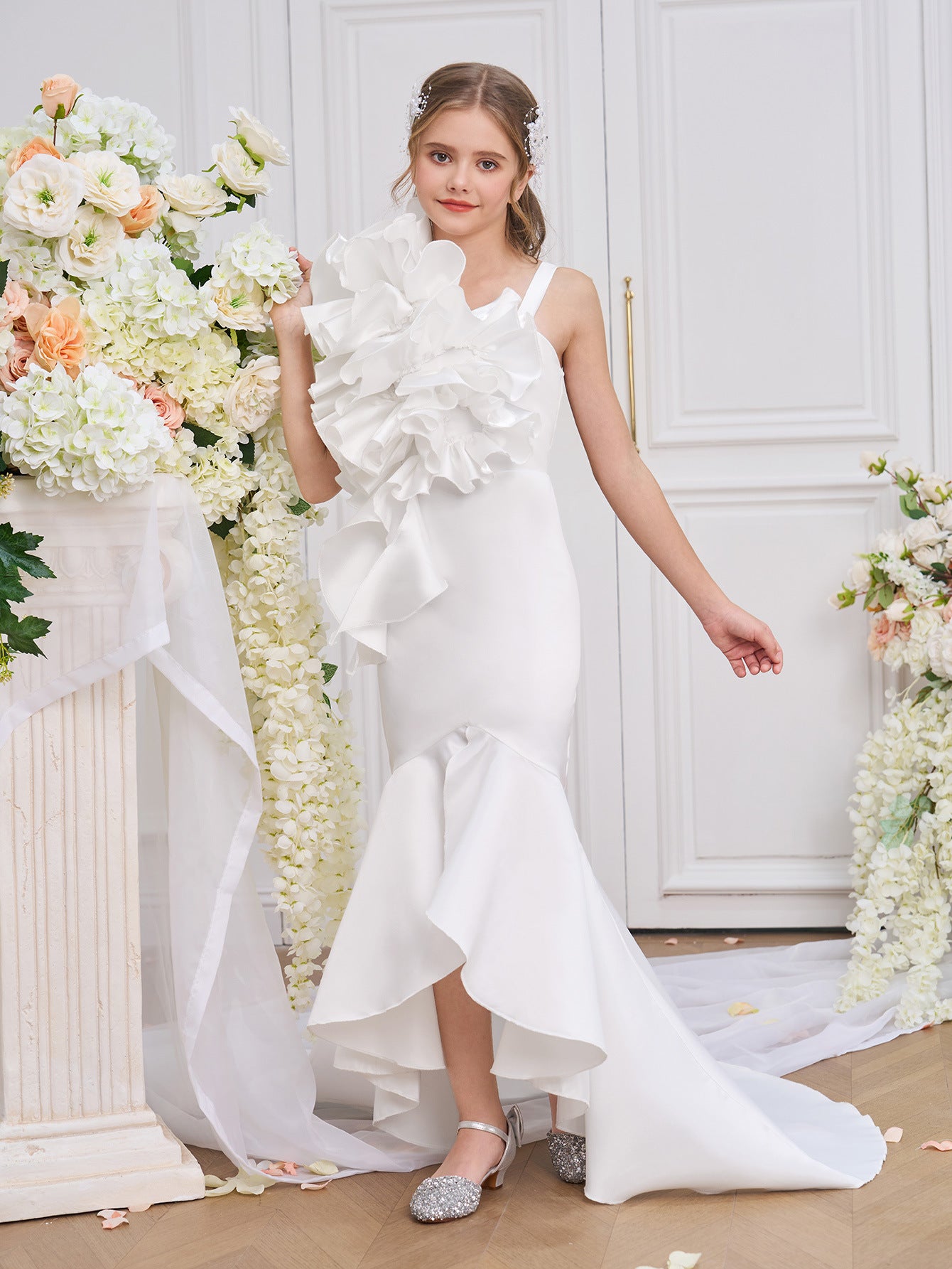 Elegant White Mermaid High-Low Satin Dress for Girls | Classic Formal Wear