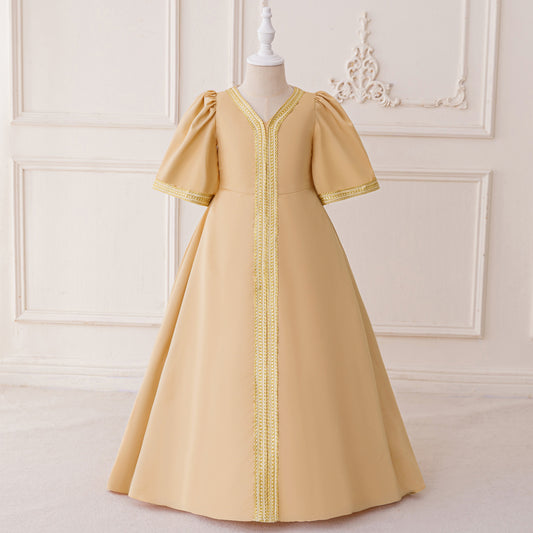 Embroidered Champagne Maxi Dress for Girls | Long Sleeve V-Neck Party Gown