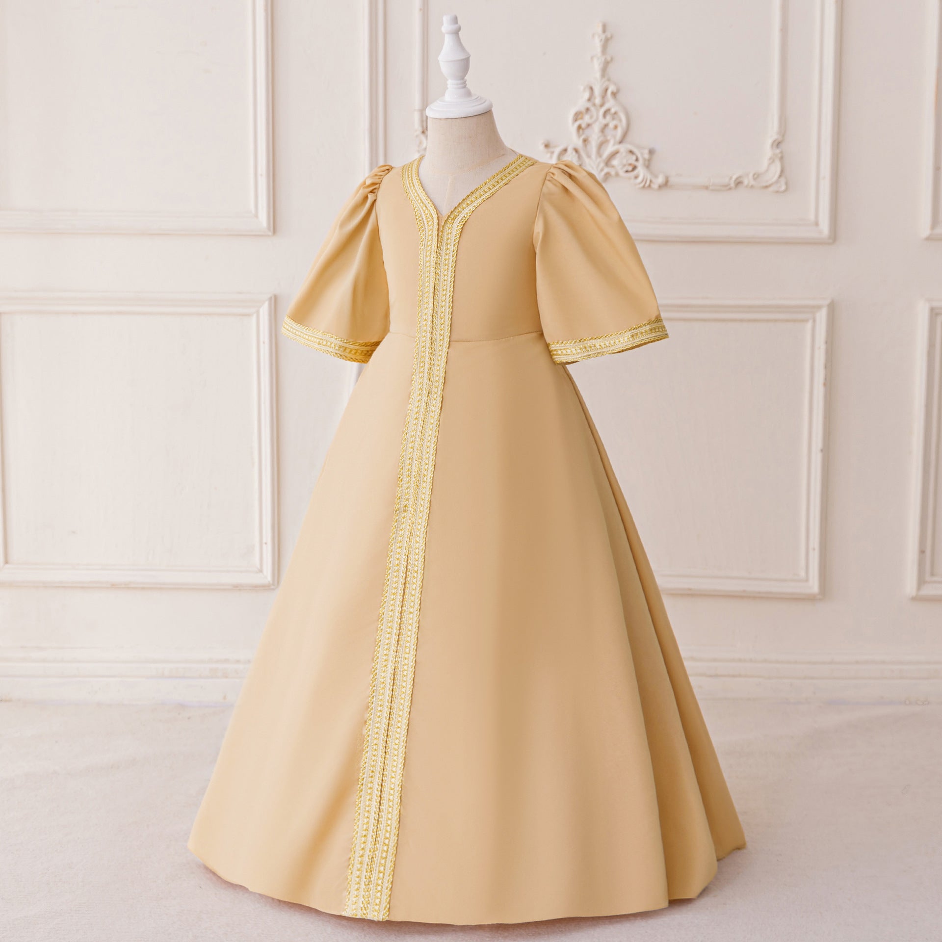 Embroidered Champagne Maxi Dress for Girls | Long Sleeve V-Neck Party Gown