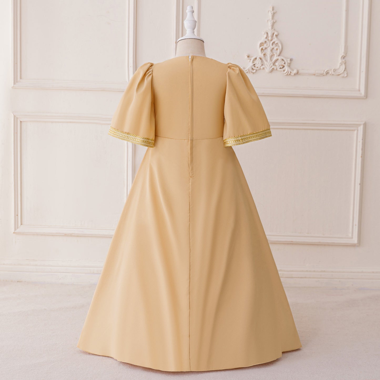 Embroidered Champagne Maxi Dress for Girls | Long Sleeve V-Neck Party Gown