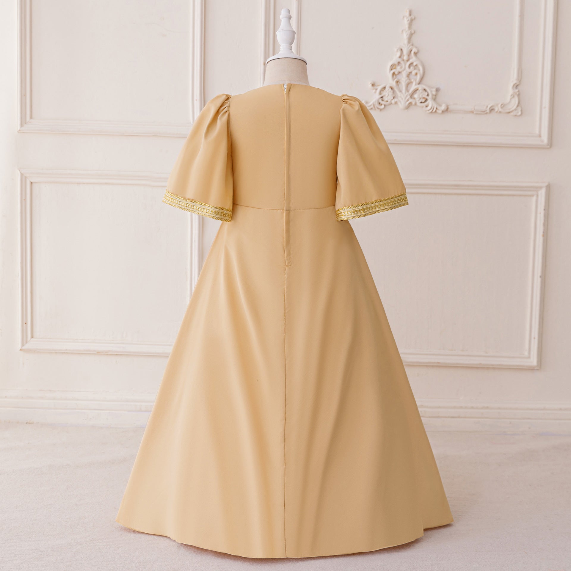 Embroidered Champagne Maxi Dress for Girls | Long Sleeve V-Neck Party Gown