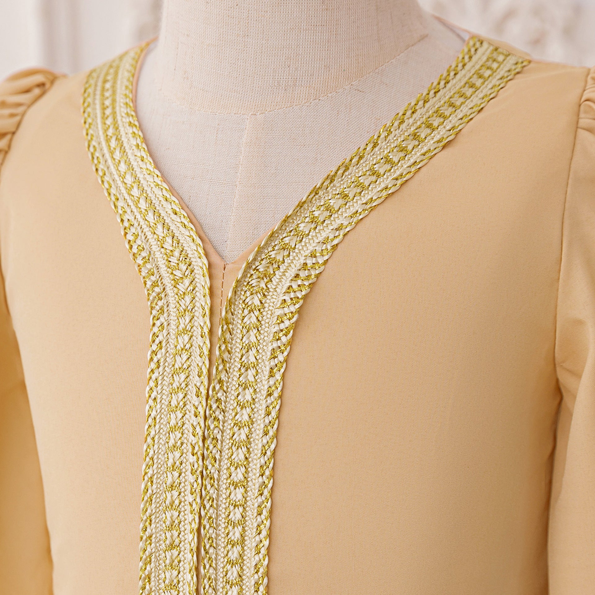 Embroidered Champagne Maxi Dress for Girls | Long Sleeve V-Neck Party Gown