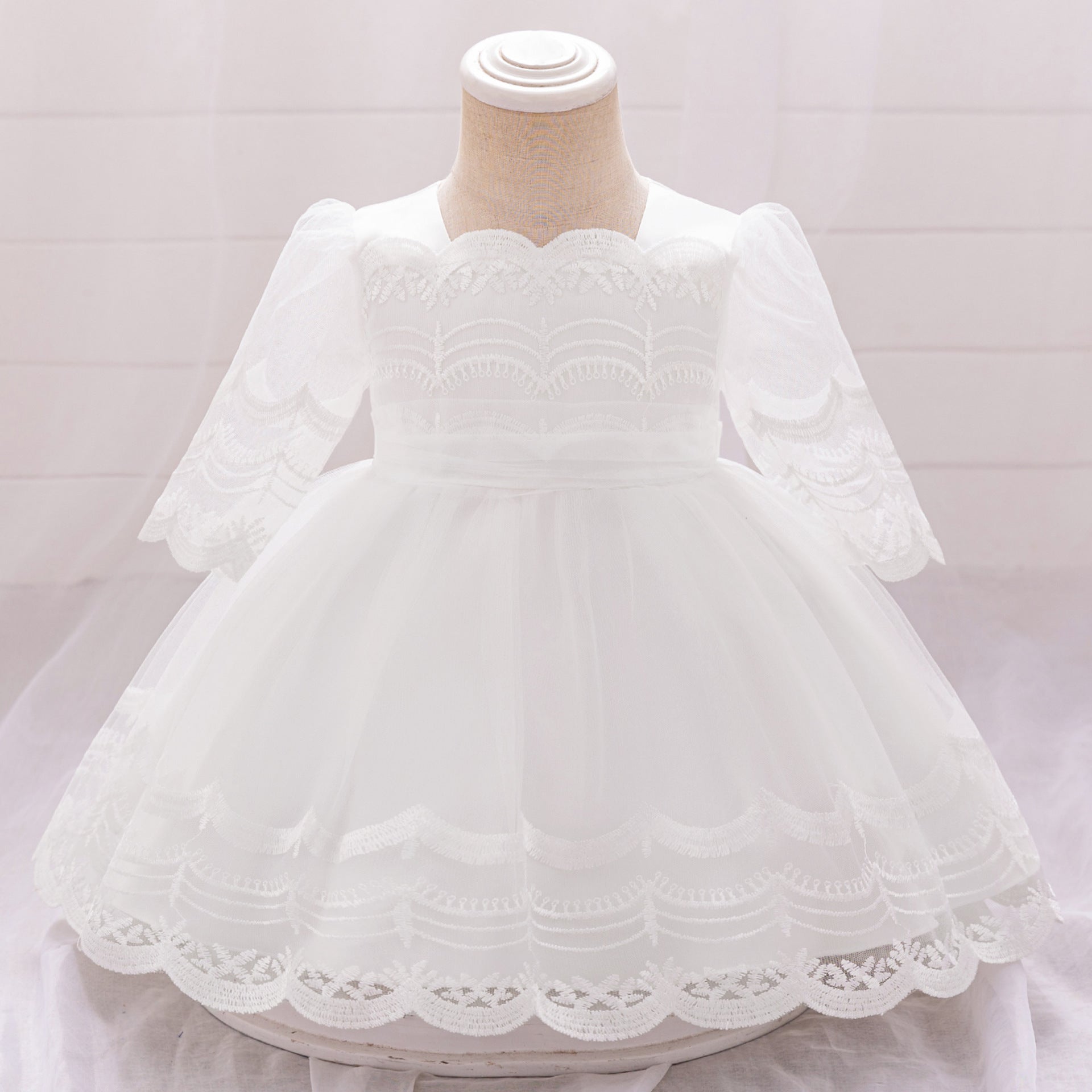 Cute Embroidered Puffy Baby Party Dress in Lace & Tulle - White for 3-24 Months