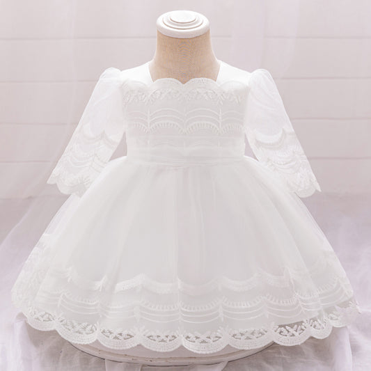 Cute Embroidered Puffy Baby Party Dress in Lace & Tulle - White for 3-24 Months