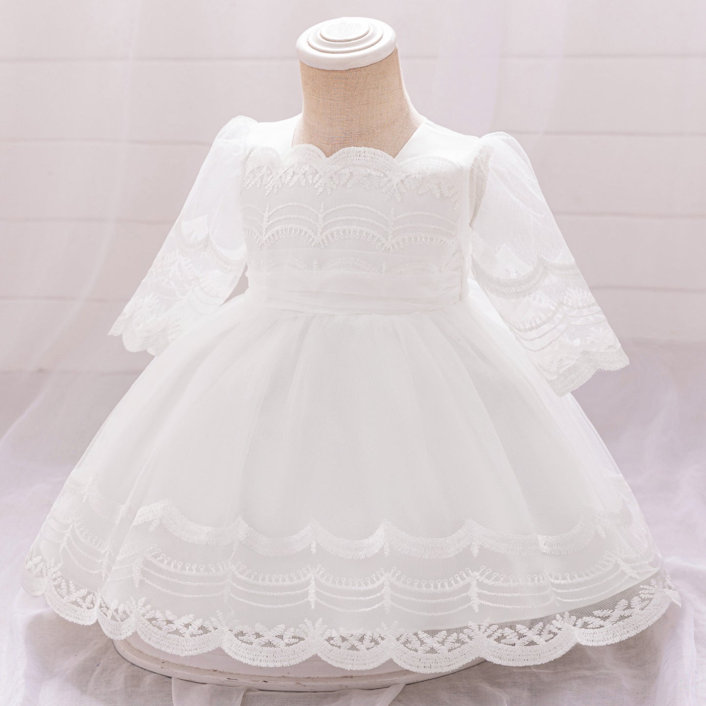 Cute Embroidered Puffy Baby Party Dress in Lace & Tulle - White for 3-24 Months