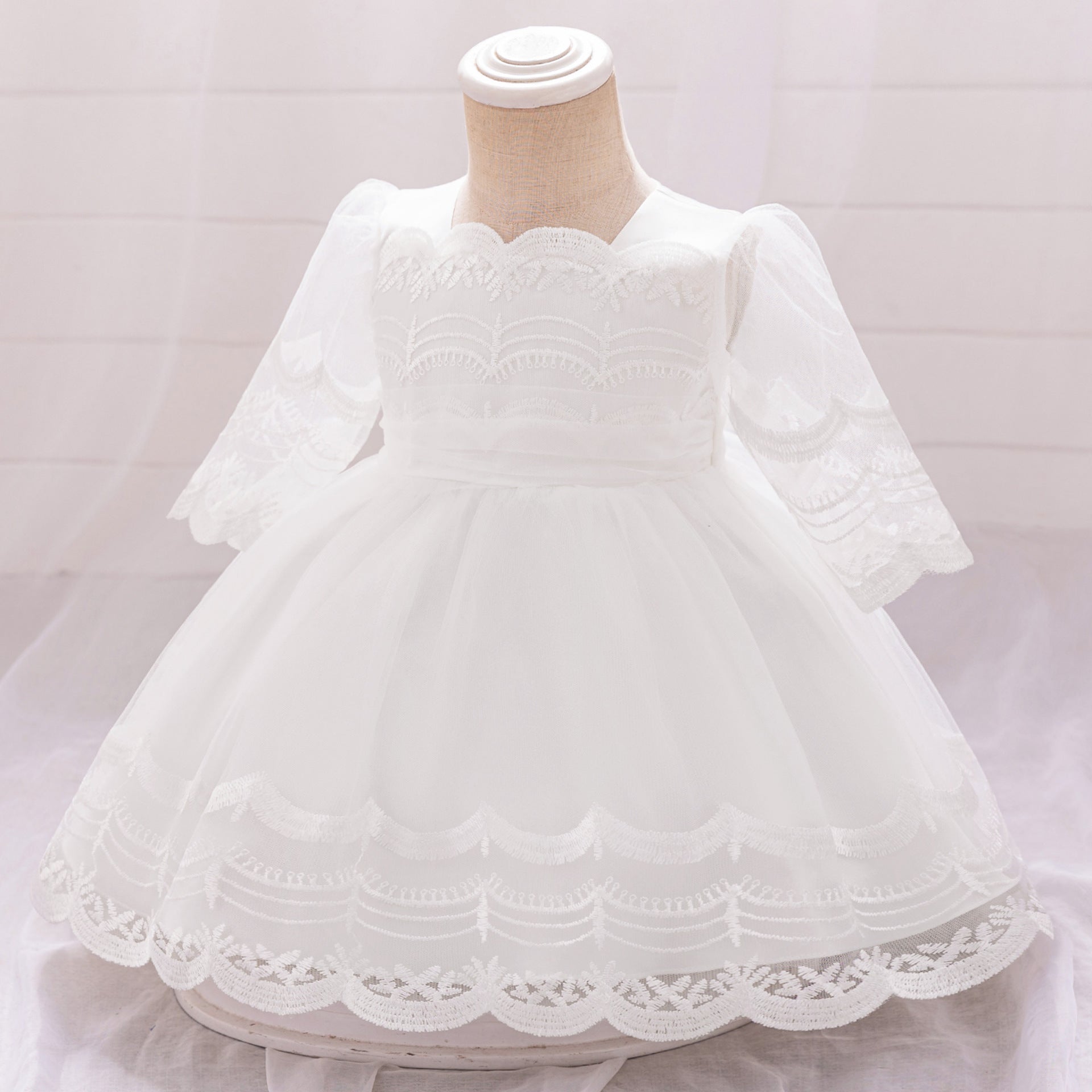 Cute Embroidered Puffy Baby Party Dress in Lace & Tulle - White for 3-24 Months