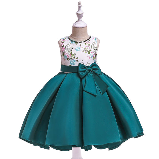 Cute Embroidered Puffy Ball Gown Dress for Girls | Tea Length Satin Formal Dress