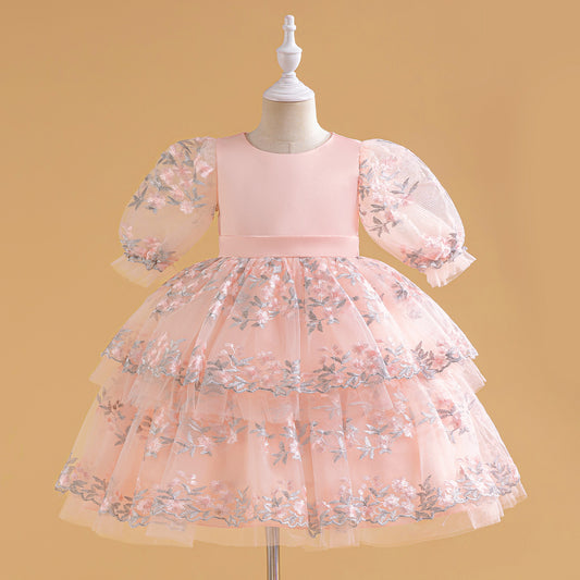Light Pink Embroidered Puffy Princess Dress for Girls | Satin & Tulle Ball Gown