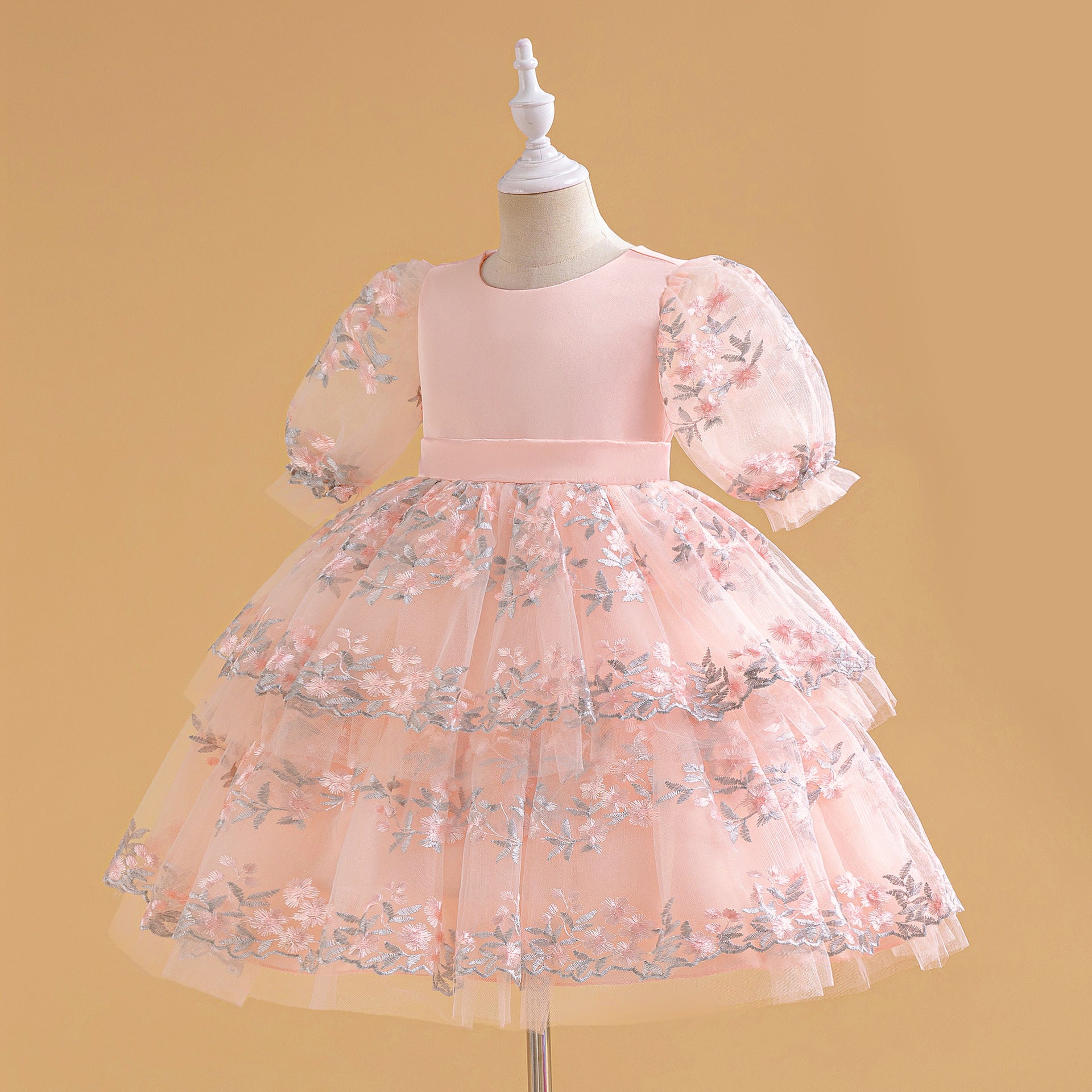 Light Pink Embroidered Puffy Princess Dress for Girls | Satin & Tulle Ball Gown