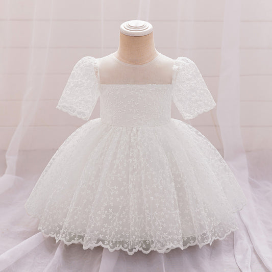 Puffy Sleeve Embroidered Princess Dress for Little Girls – Tulle Flower Girl & Party Gown