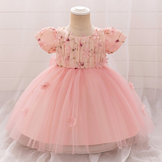 Light Pink Puffy Princess Ball Gown Dress with Embroidery & 3D Appliques for Girls
