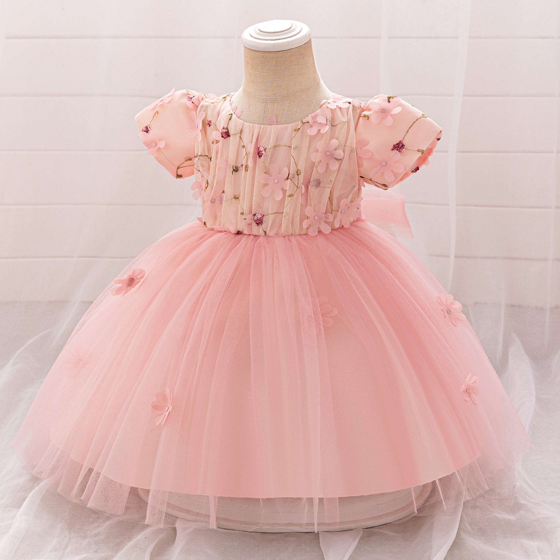 Light Pink Puffy Princess Ball Gown Dress with Embroidery & 3D Appliques for Girls