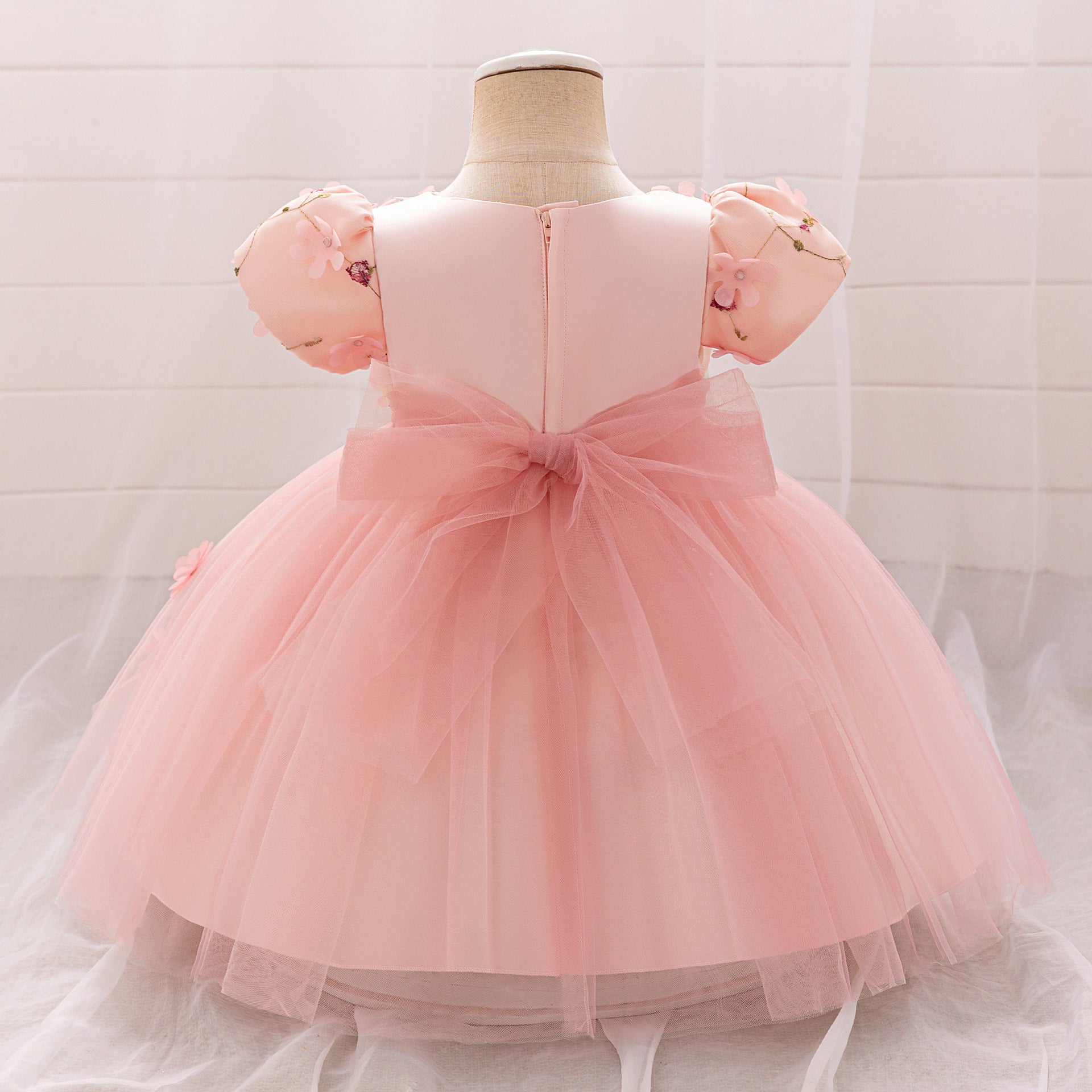 Light Pink Puffy Princess Ball Gown Dress with Embroidery & 3D Appliques for Girls