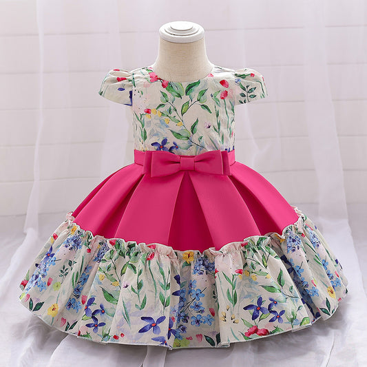 Cute Rose Red Floral Bow Baby Girl Party Dress | 9-24 Months
