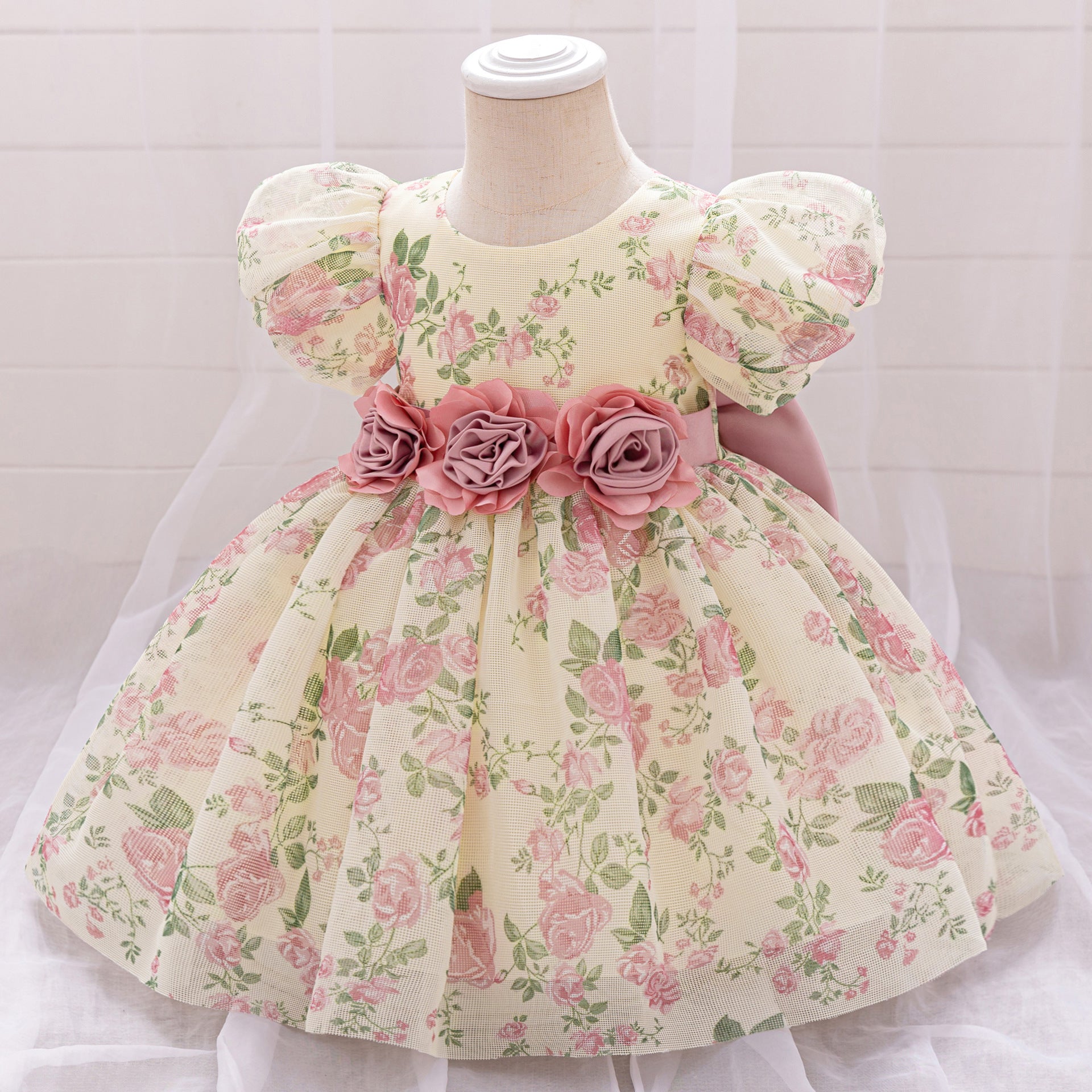 Cute Floral Bow Mesh Puffy Baby Dress – Princess Party & Wedding Gown for 9M-4Y