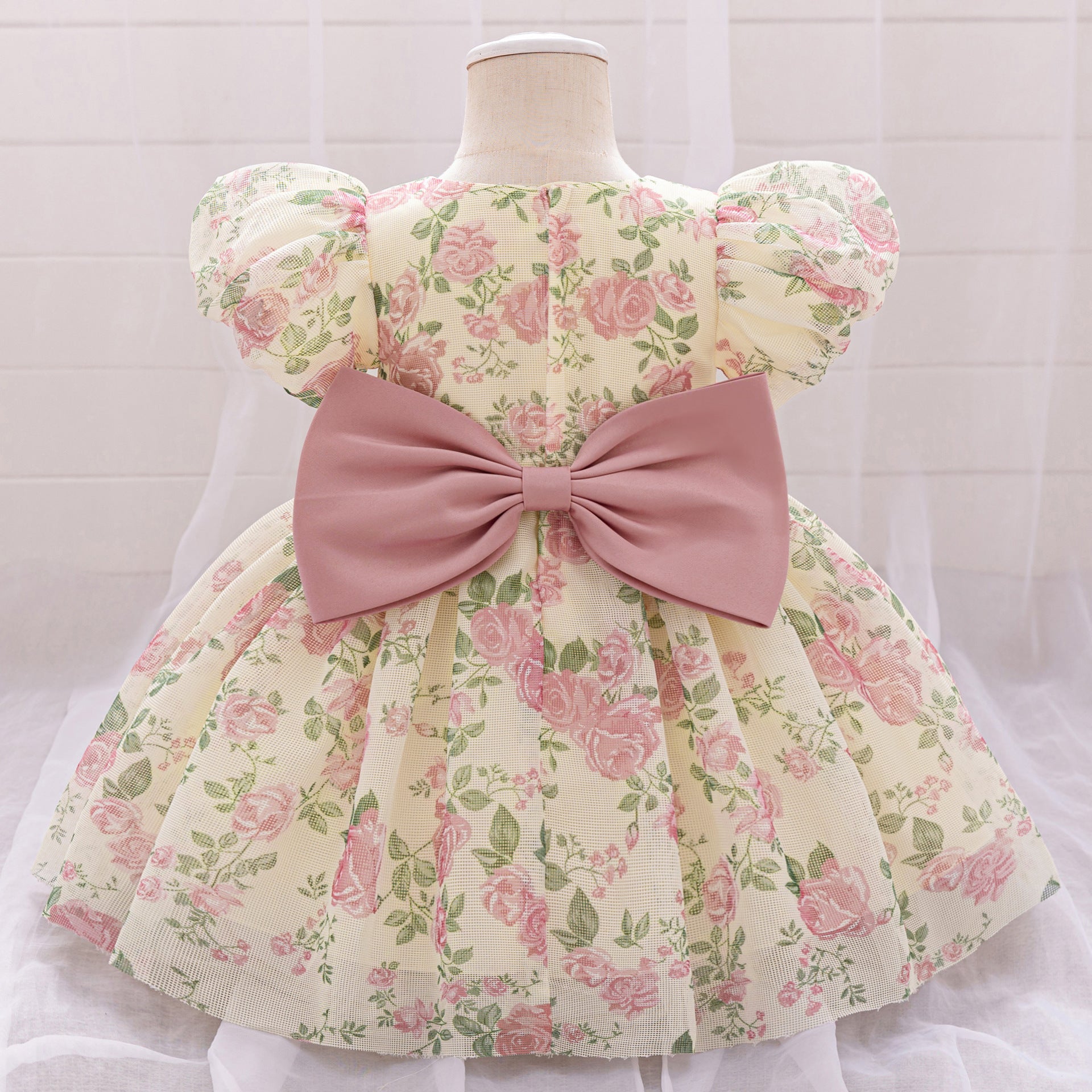 Cute Floral Bow Mesh Puffy Baby Dress – Princess Party & Wedding Gown for 9M-4Y