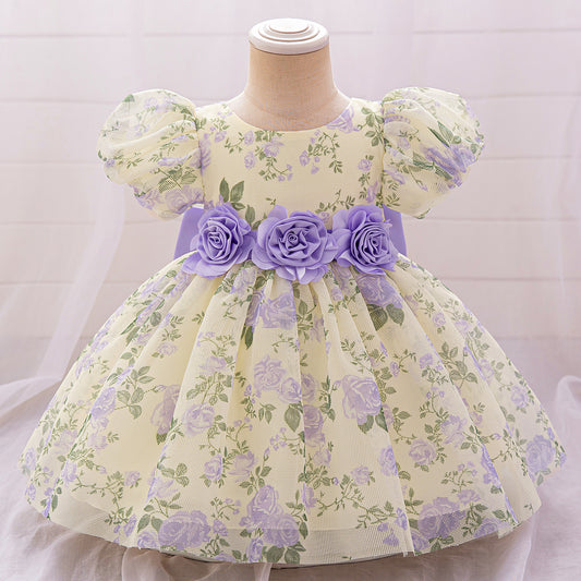 Cute Floral Bow Mesh Puffy Baby Dress – Princess Party & Wedding Gown for 9M-4Y