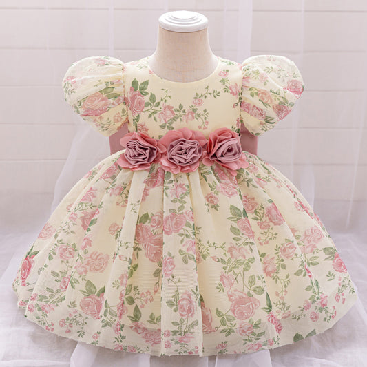 Cute Floral Bow Mesh Puffy Baby Dress – Princess Party & Wedding Gown for 9M-4Y