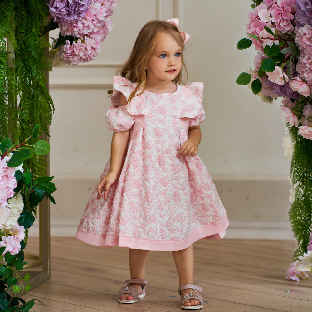 Cute Light Pink Floral A-Line Baby Dress with Puff Sleeves – Perfect for Parties & Photo Shoots