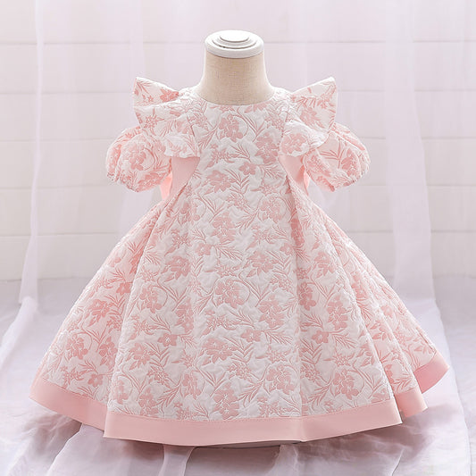 Cute Light Pink Floral A-Line Baby Dress with Puff Sleeves – Perfect for Parties & Photo Shoots