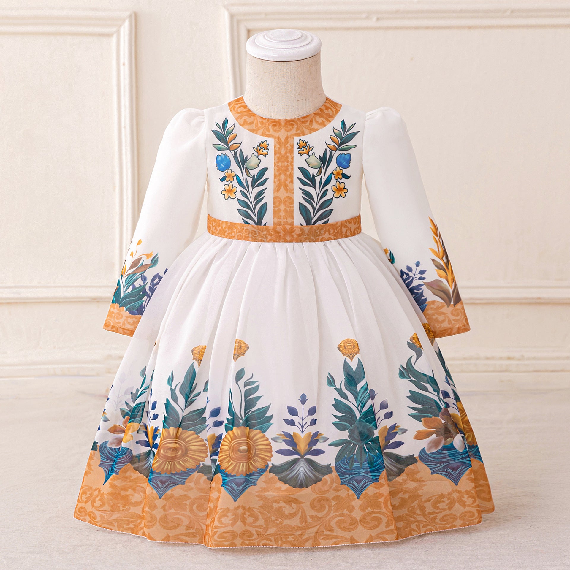 Floral Maxi Puffy Princess Dress for Girls | Long Sleeve Printed Ball Gown