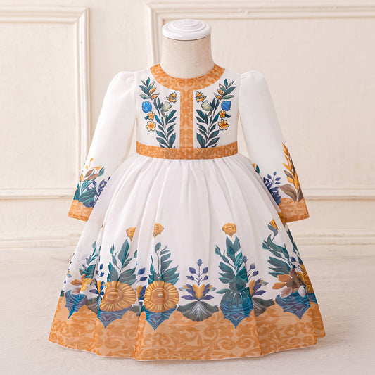 Floral Maxi Puffy Princess Dress for Girls | Long Sleeve Printed Ball Gown