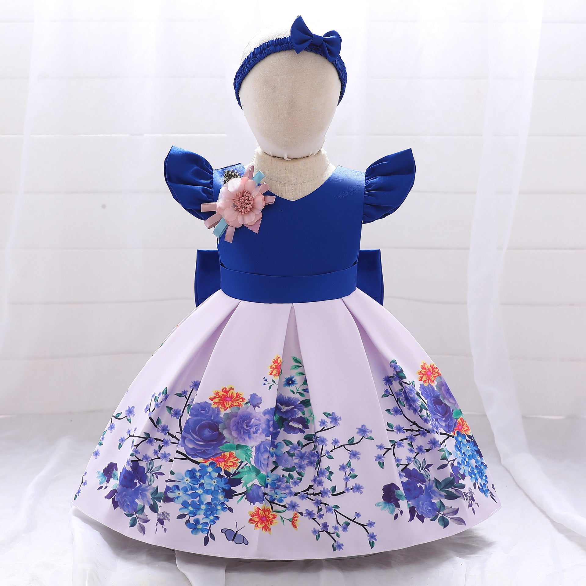 Satin Floral Print Princess Ball Gown for Girls – Birthday & Flower Girl Dress with Headband