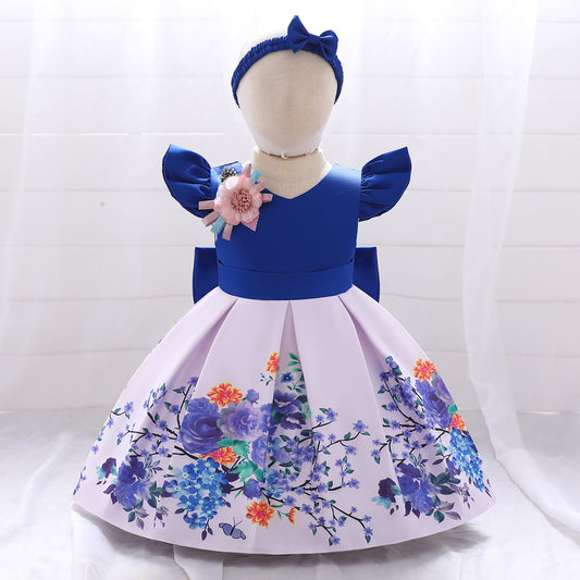 Satin Floral Print Princess Ball Gown for Girls – Birthday & Flower Girl Dress with Headband