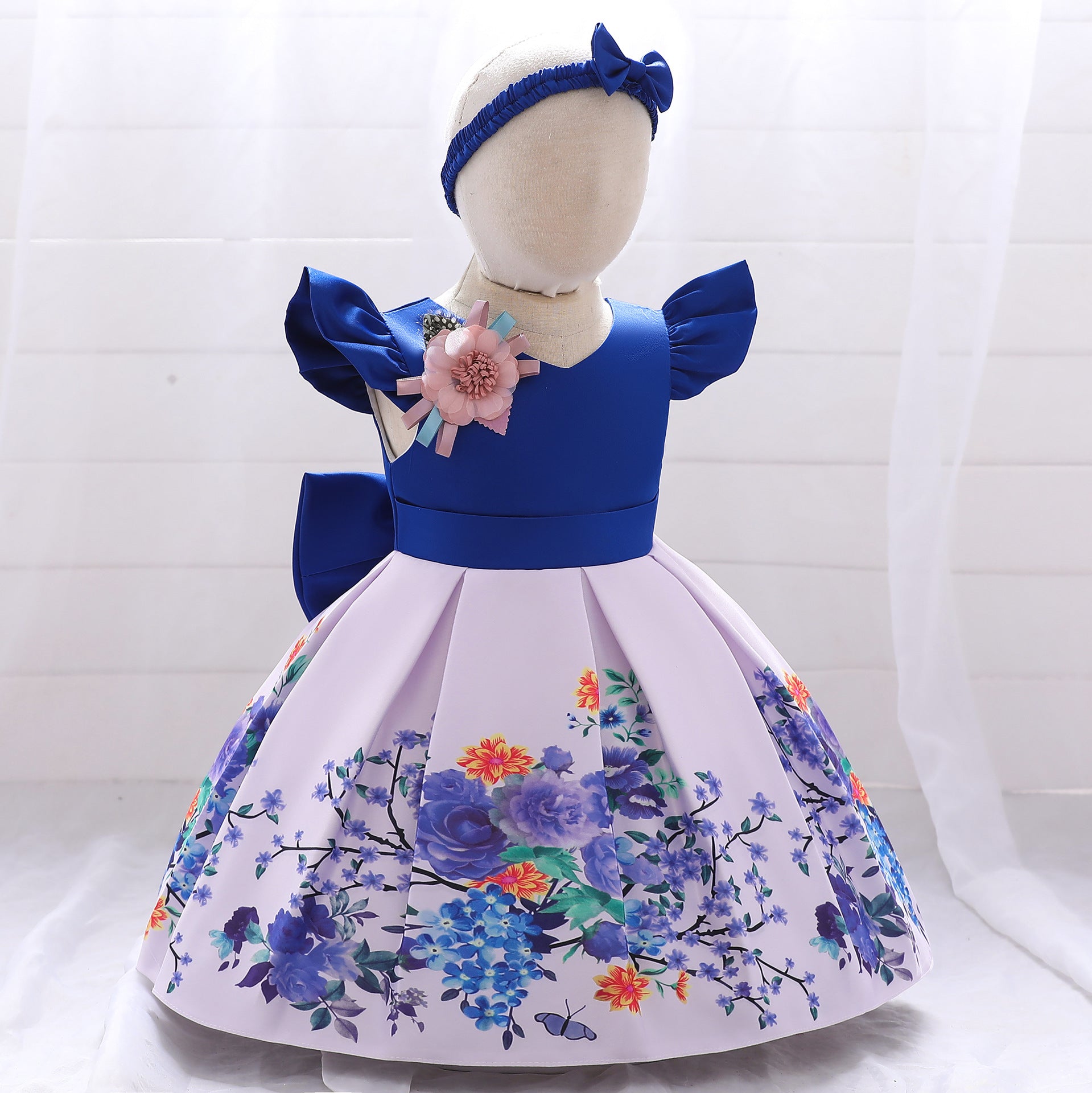 Satin Floral Print Princess Ball Gown for Girls – Birthday & Flower Girl Dress with Headband