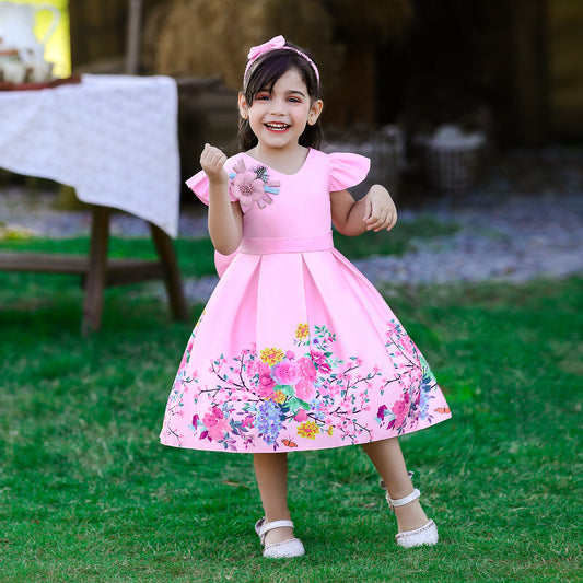 Satin Floral Print Princess Ball Gown for Girls – Birthday & Flower Girl Dress with Headband