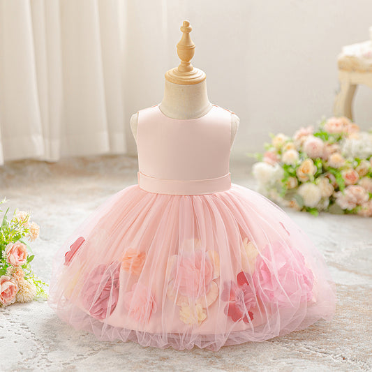 Light Pink Floral Puffy Princess Dress for Girls, Tea-Length Ball Gown
