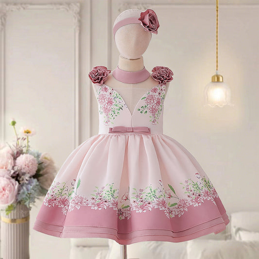 Girls' Puffy Floral Satin Ball Gown – Tea Length Party & Celebration Dress