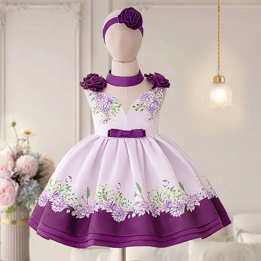 Girls' Puffy Floral Satin Ball Gown – Tea Length Party & Celebration Dress