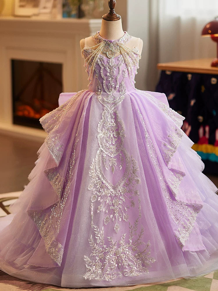 Fuchsia Tulle Maxi Girl's Dress with Sequins & Tiered Skirt