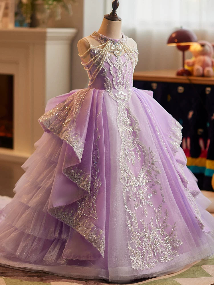 Fuchsia Tulle Maxi Girl's Dress with Sequins & Tiered Skirt