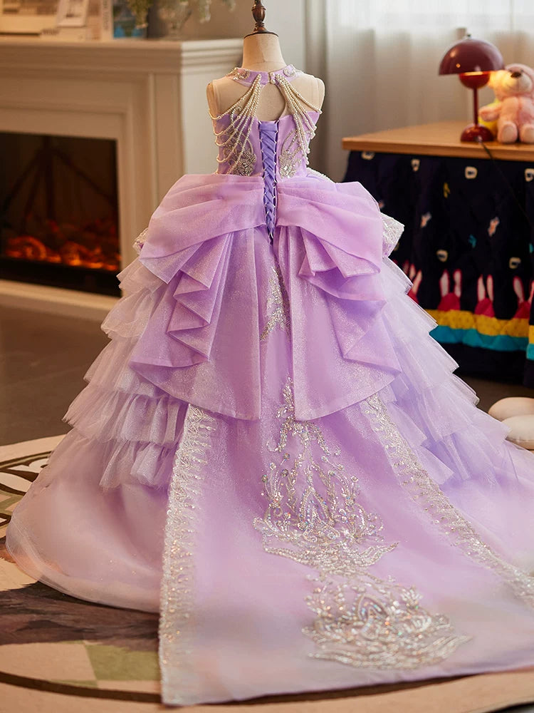 Fuchsia Tulle Maxi Girl's Dress with Sequins & Tiered Skirt