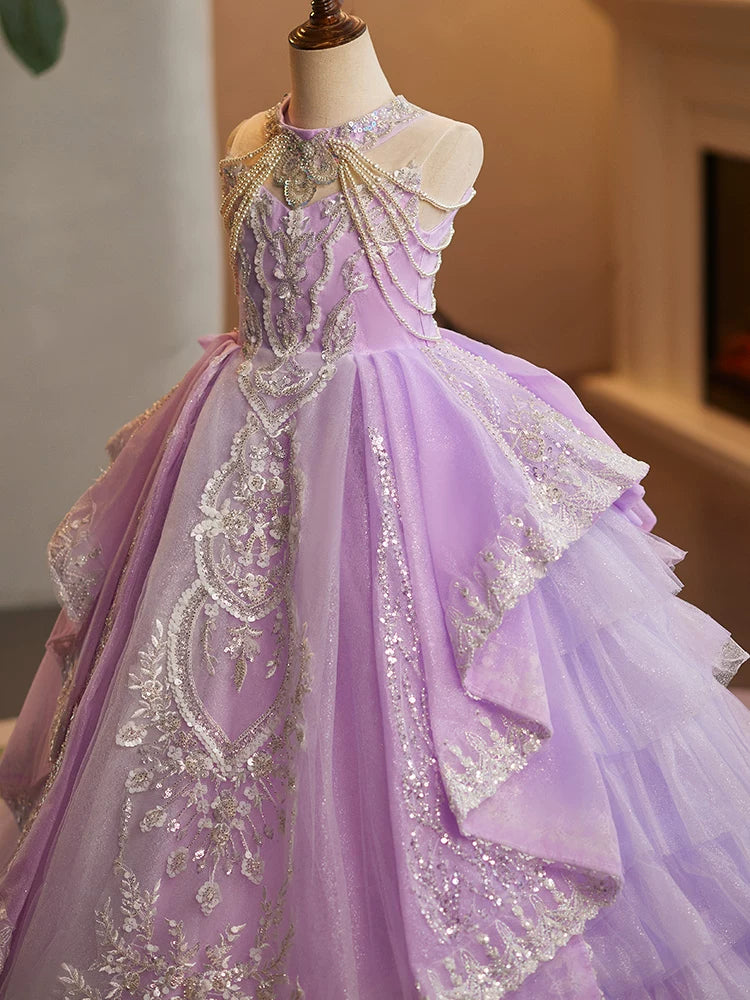 Fuchsia Tulle Maxi Girl's Dress with Sequins & Tiered Skirt