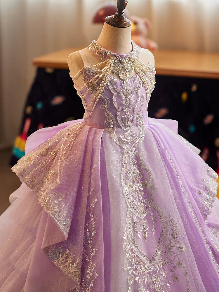 Fuchsia Tulle Maxi Girl's Dress with Sequins & Tiered Skirt