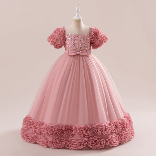 Cute Sequin Tulle Maxi Dress for Girls - Floral A-Line Princess Gown