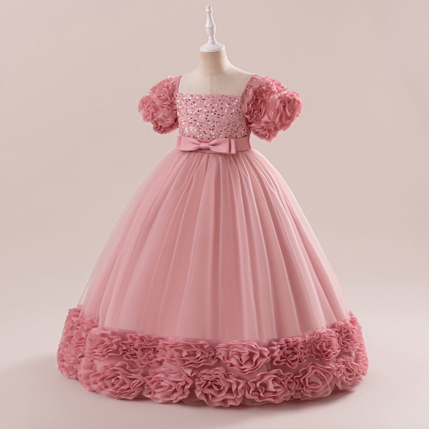 Cute Sequin Tulle Maxi Dress for Girls - Floral A-Line Princess Gown