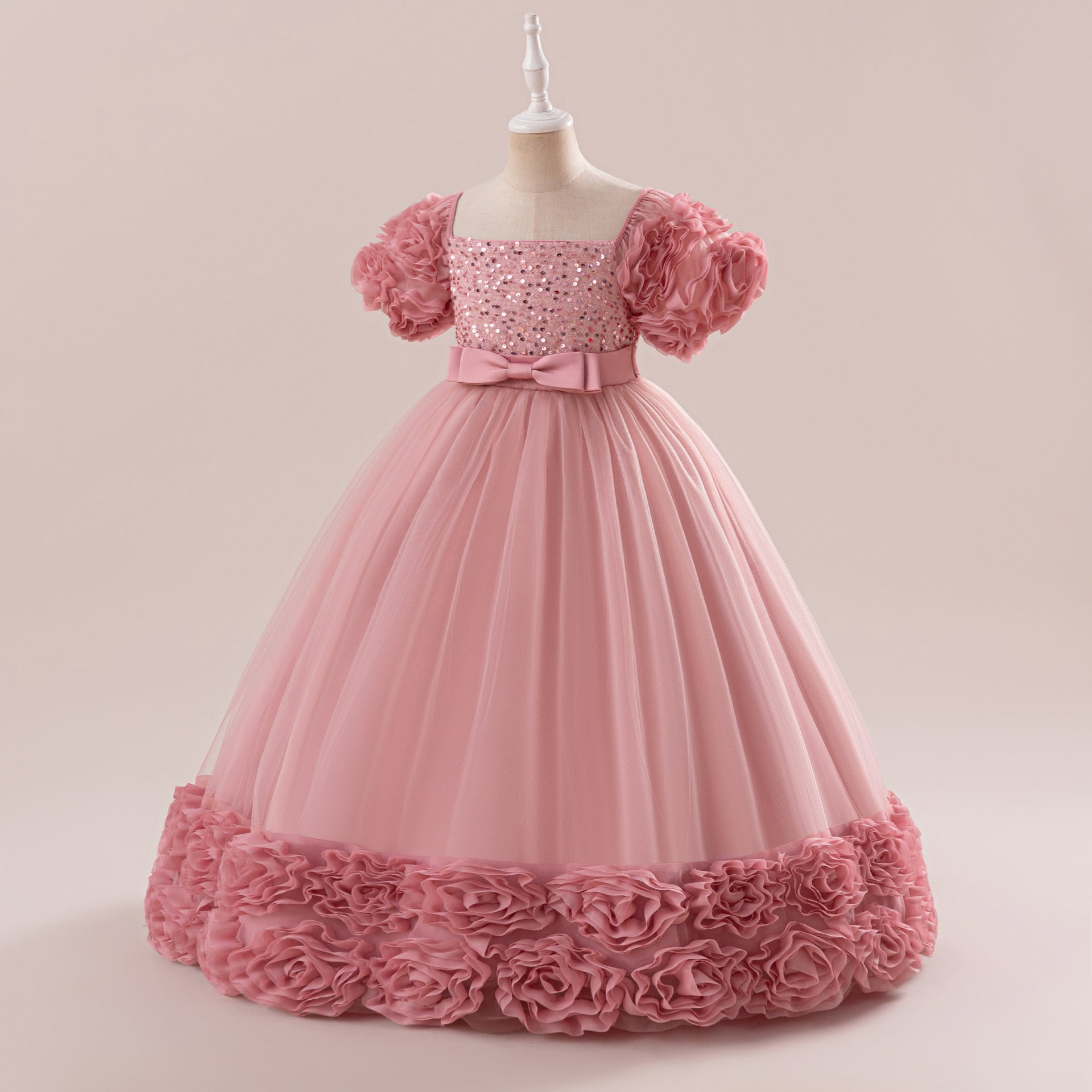 Cute Sequin Tulle Maxi Dress for Girls - Floral A-Line Princess Gown