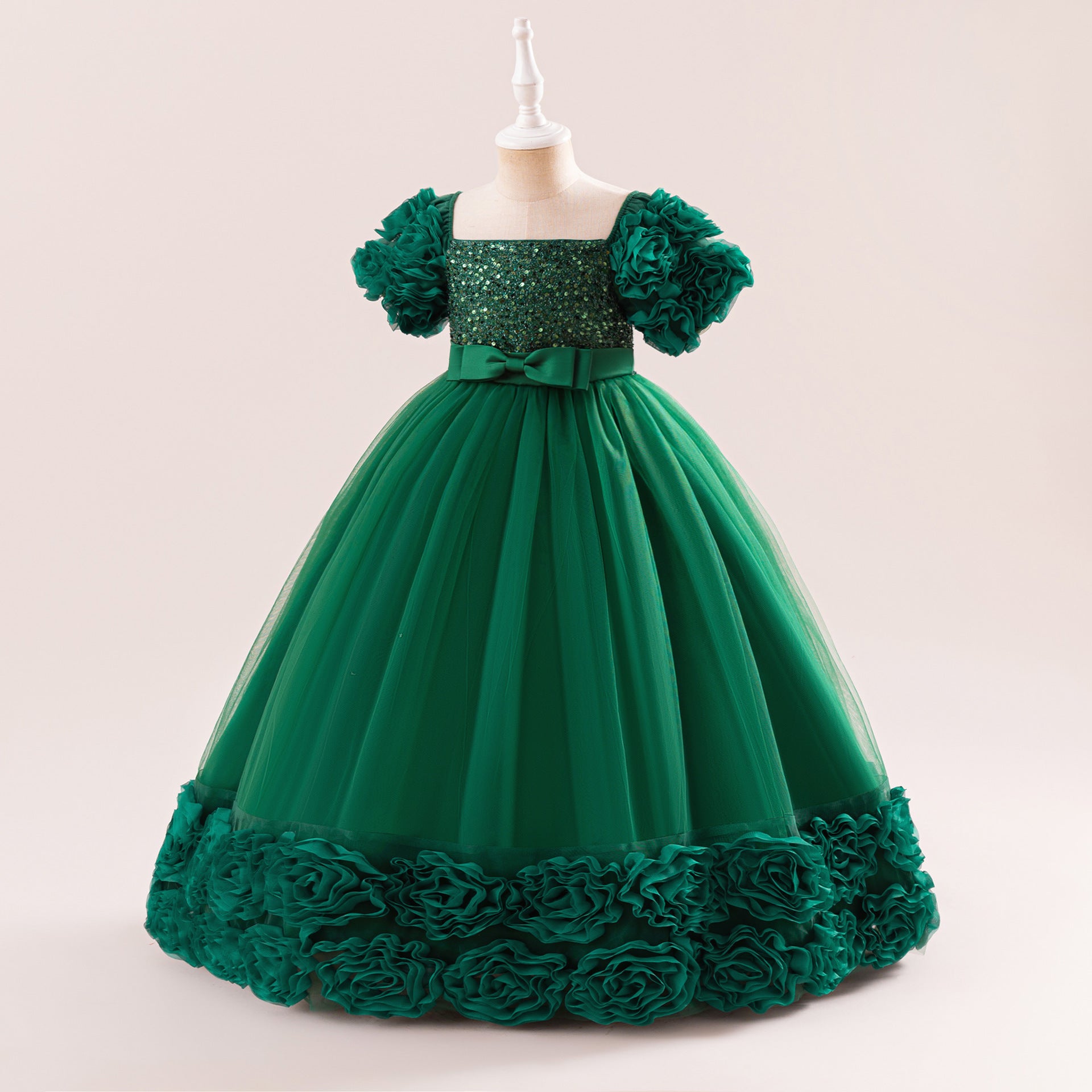 Cute Sequin Tulle Maxi Dress for Girls - Floral A-Line Princess Gown