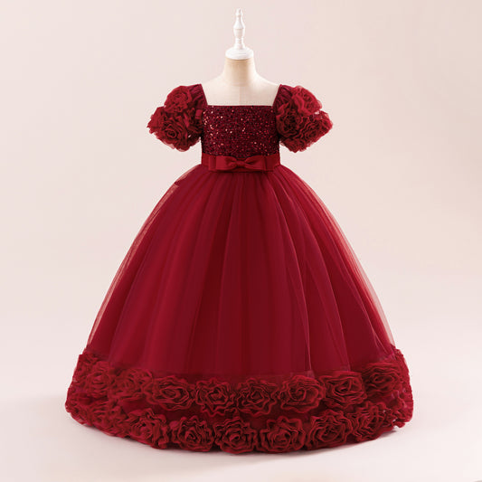Cute Sequin Tulle Maxi Dress for Girls - Floral A-Line Princess Gown