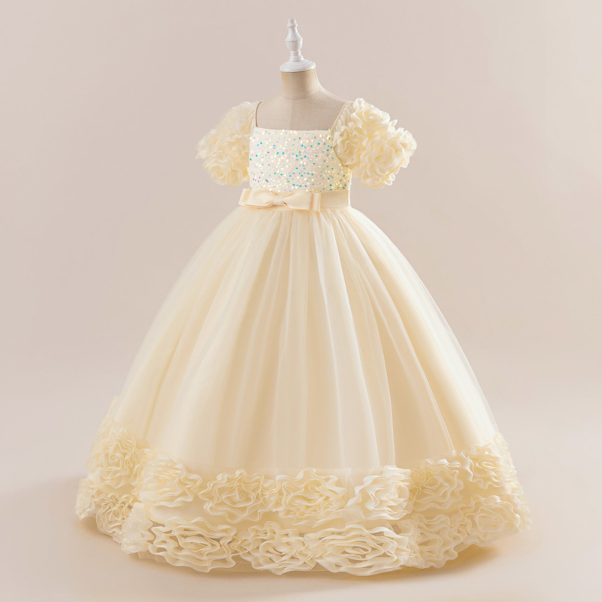 Cute Sequin Tulle Maxi Dress for Girls - Floral A-Line Princess Gown