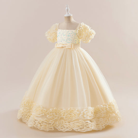 Cute Sequin Tulle Maxi Dress for Girls - Floral A-Line Princess Gown