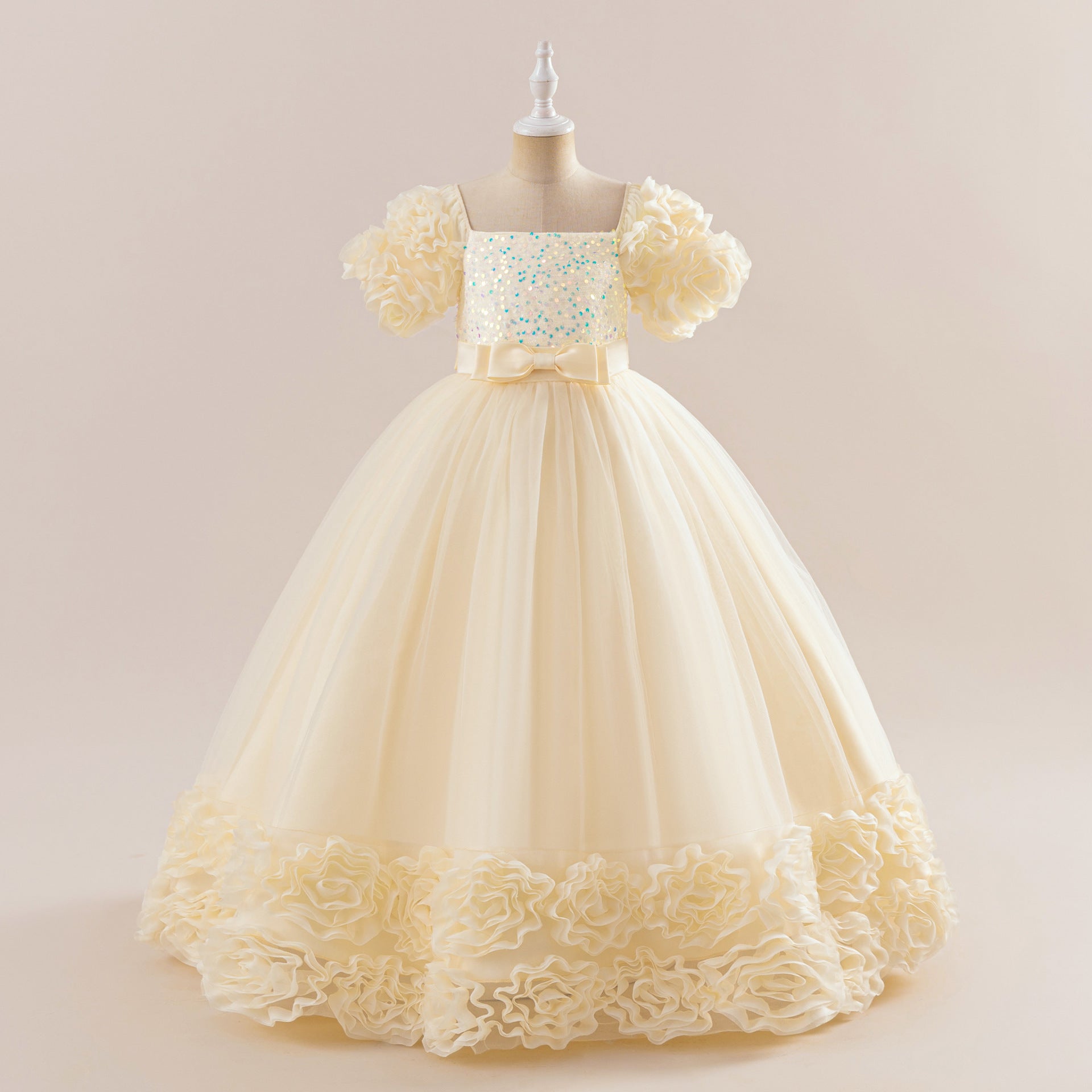 Cute Sequin Tulle Maxi Dress for Girls - Floral A-Line Princess Gown