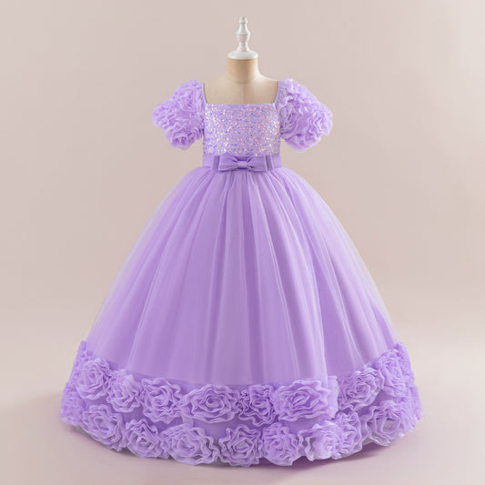 Cute Sequin Tulle Maxi Dress for Girls - Floral A-Line Princess Gown